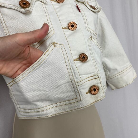 Vtg Levi’s Cropped Jean Jacket Womens Medium Beige Stretch Denim Trucker Y2K - Picture 4 of 16